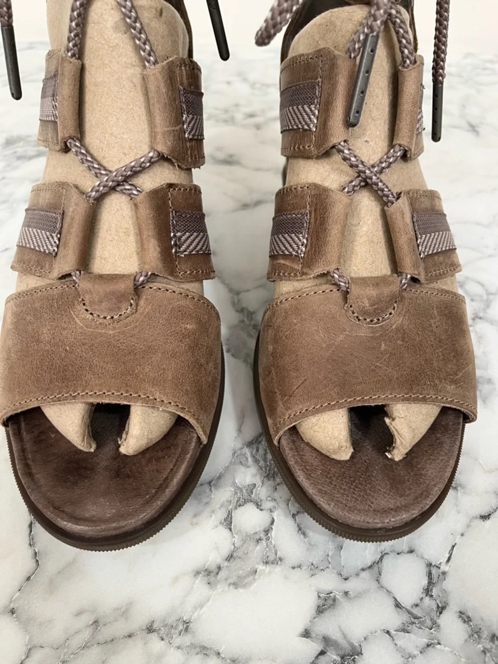 Sorel Joanie II Lace Up Wedge Leather Sandals In Ash Brown Taupe Tan Size 9